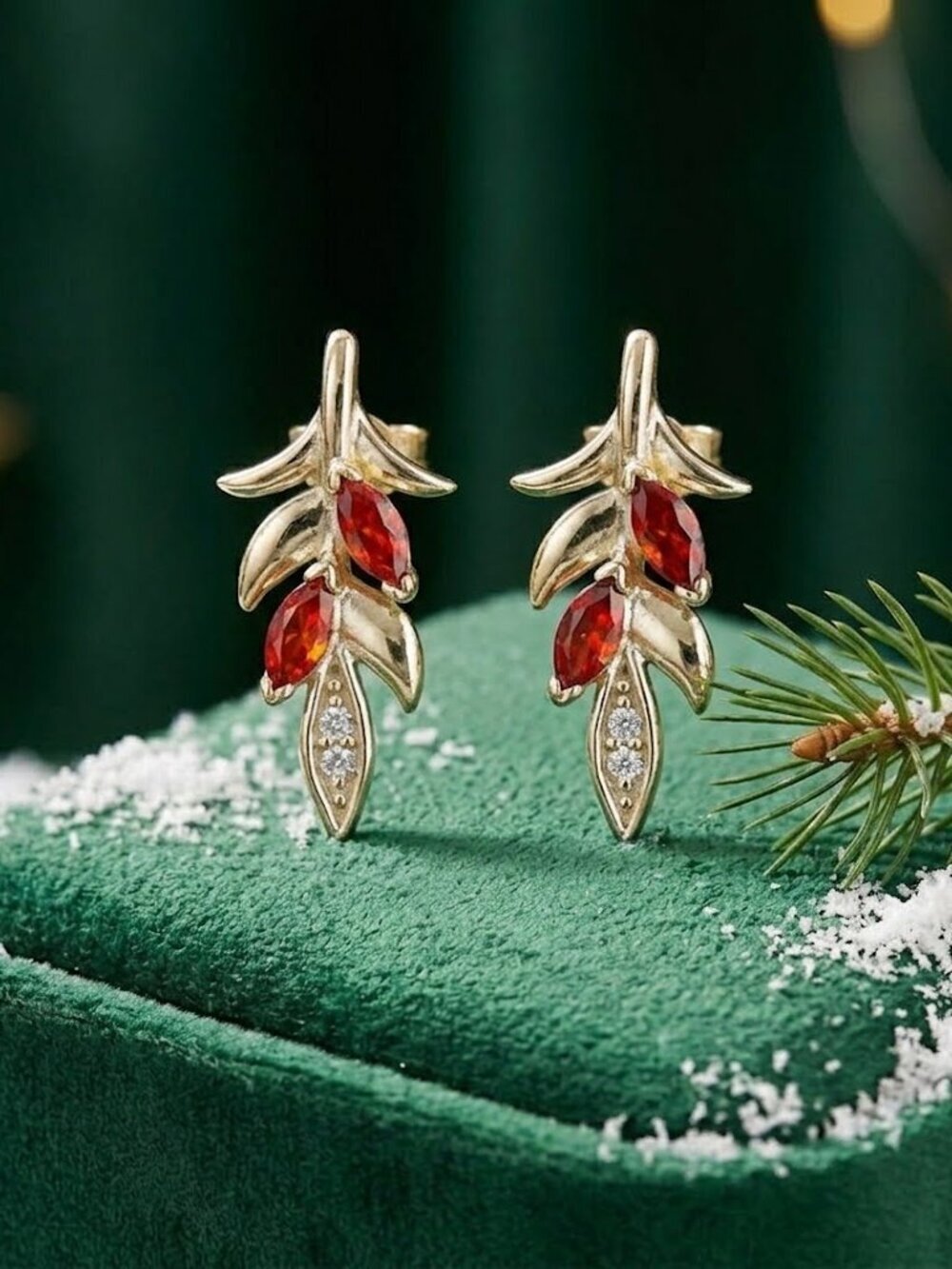Garnet and White Topaz stud earrings 14k gold leaf design